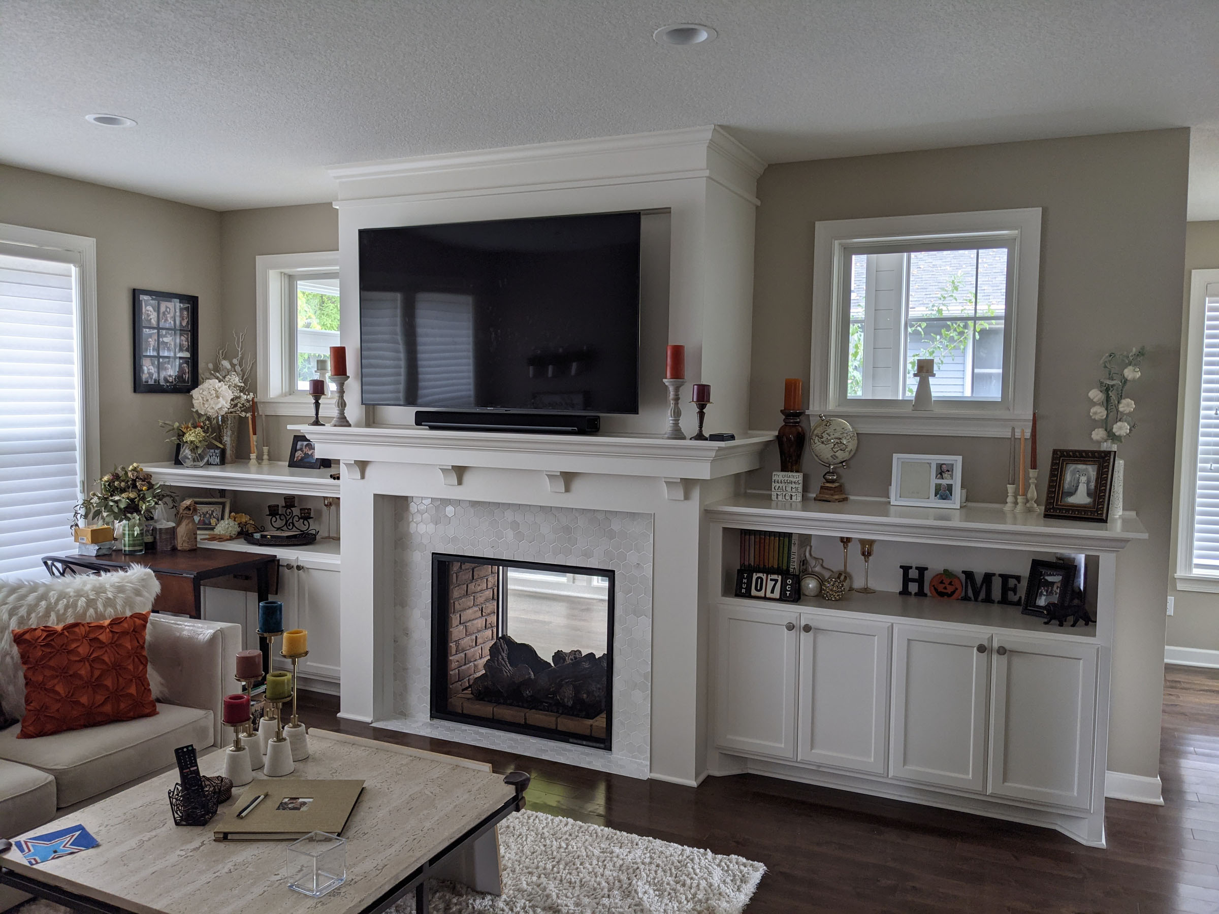 Existing Cabinets @ interior, worked new fireplace & new tile to fit in seamlessly!