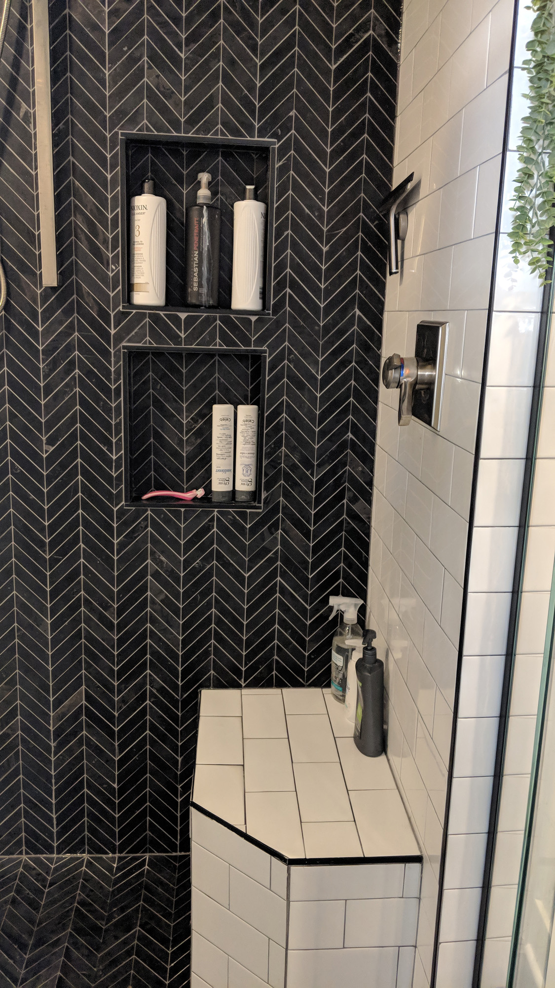 white Subway tile walls & Charcoal grout
