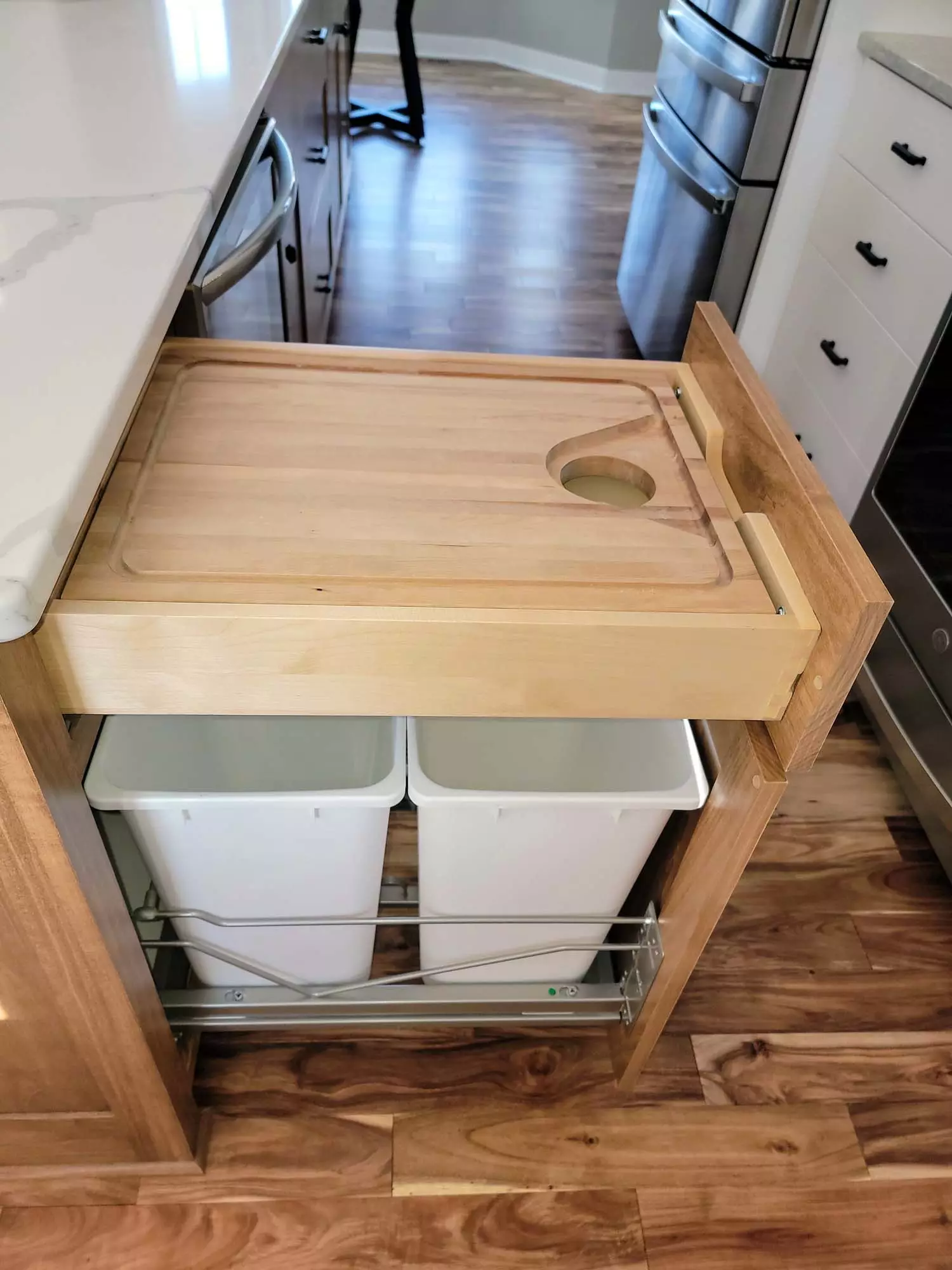 Custom Cutting board drawer with trash below