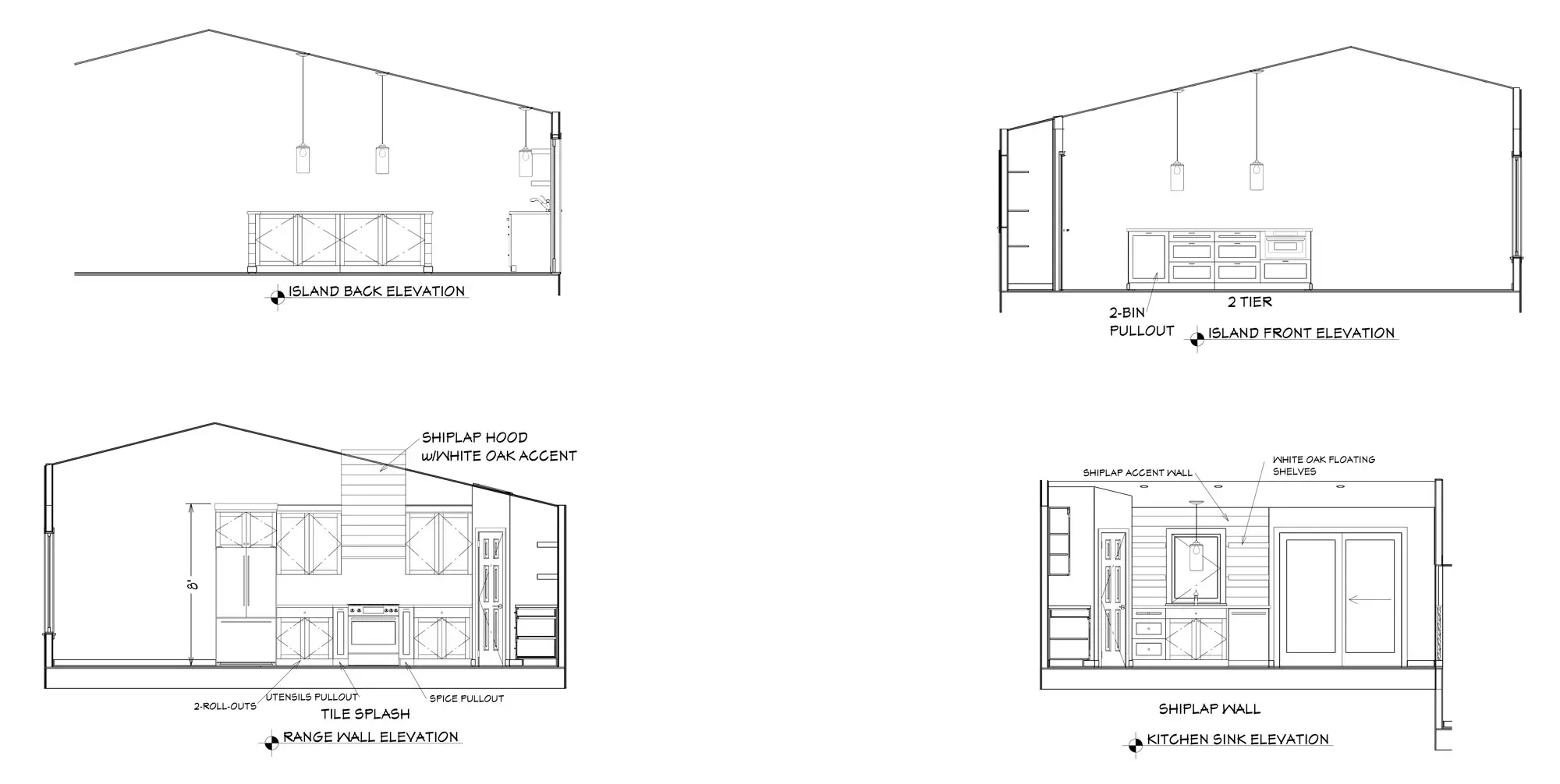 Island front and back, range wall, kitchen sink elevation plans