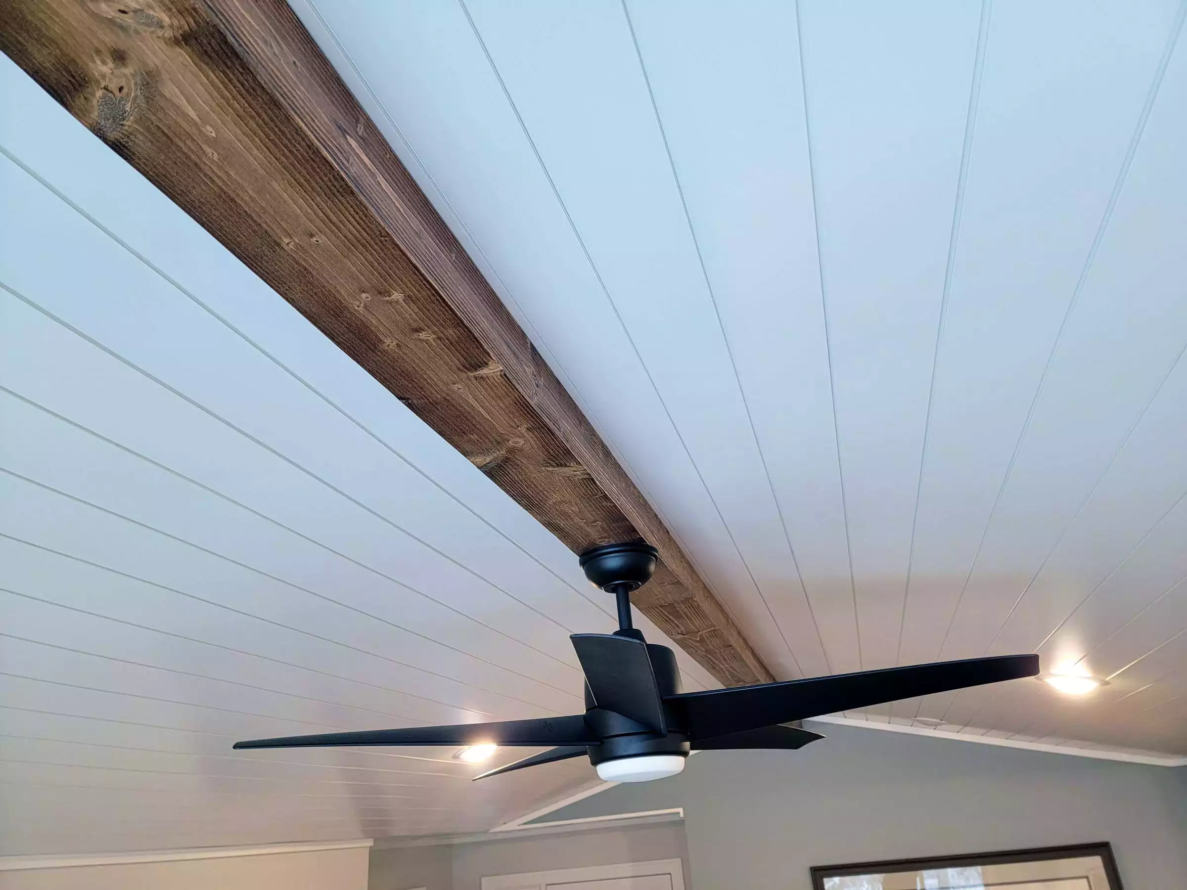Custom Reclaimed Ridge beam with ceiling fan