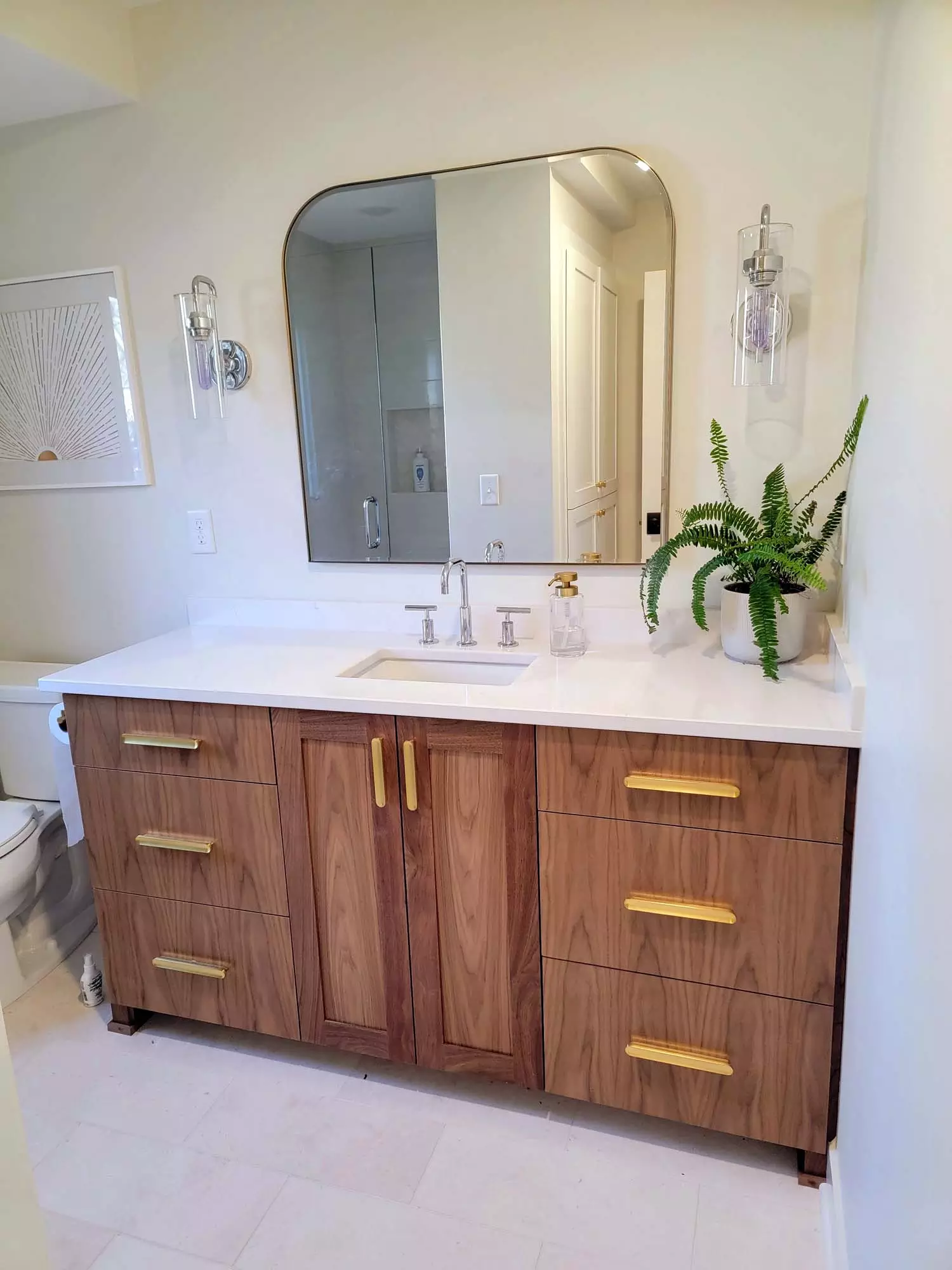 ¾ bath w/ Tile shower, Heavy glass door & panel, Walnut Custom Vanity