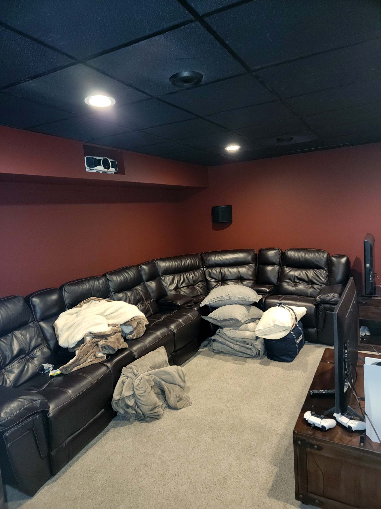 Old closed media room seating before remodel