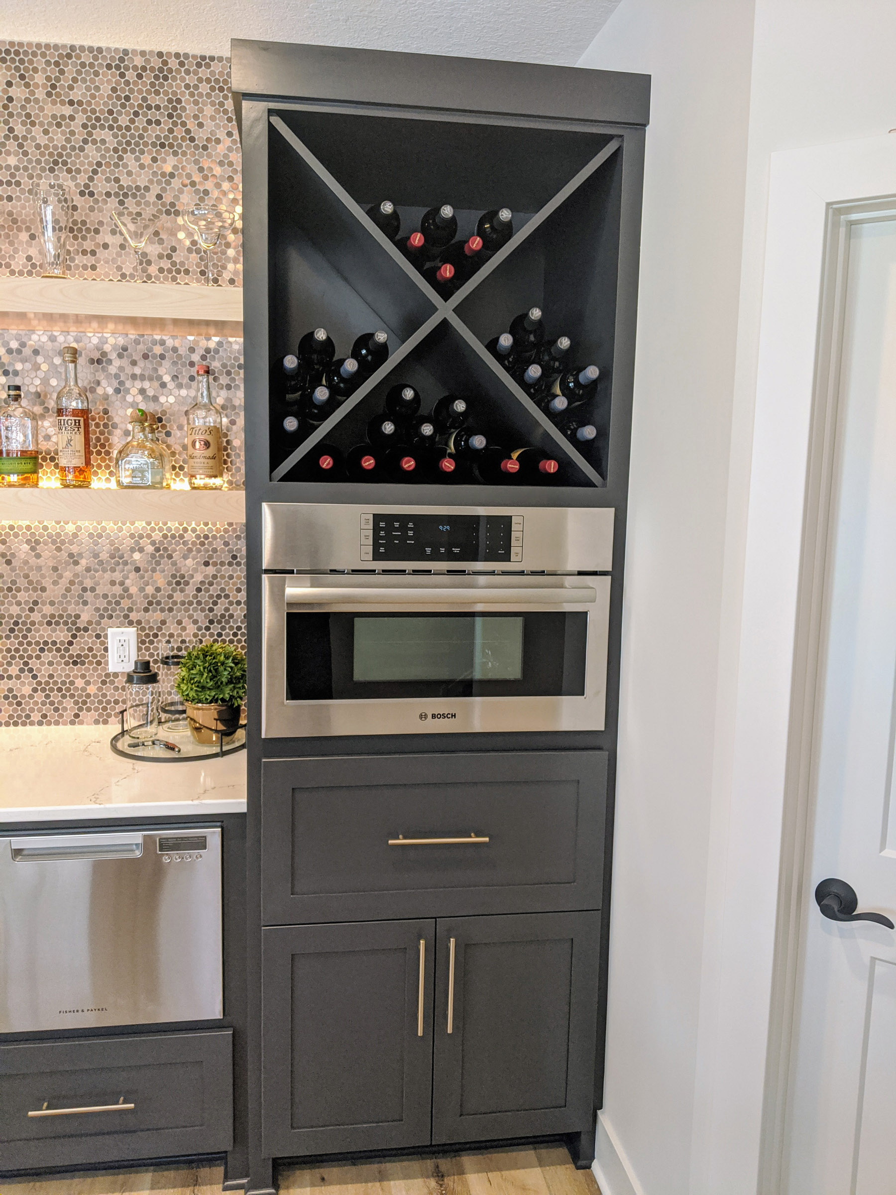 Custom cabinets w/ X-Box wine boxes