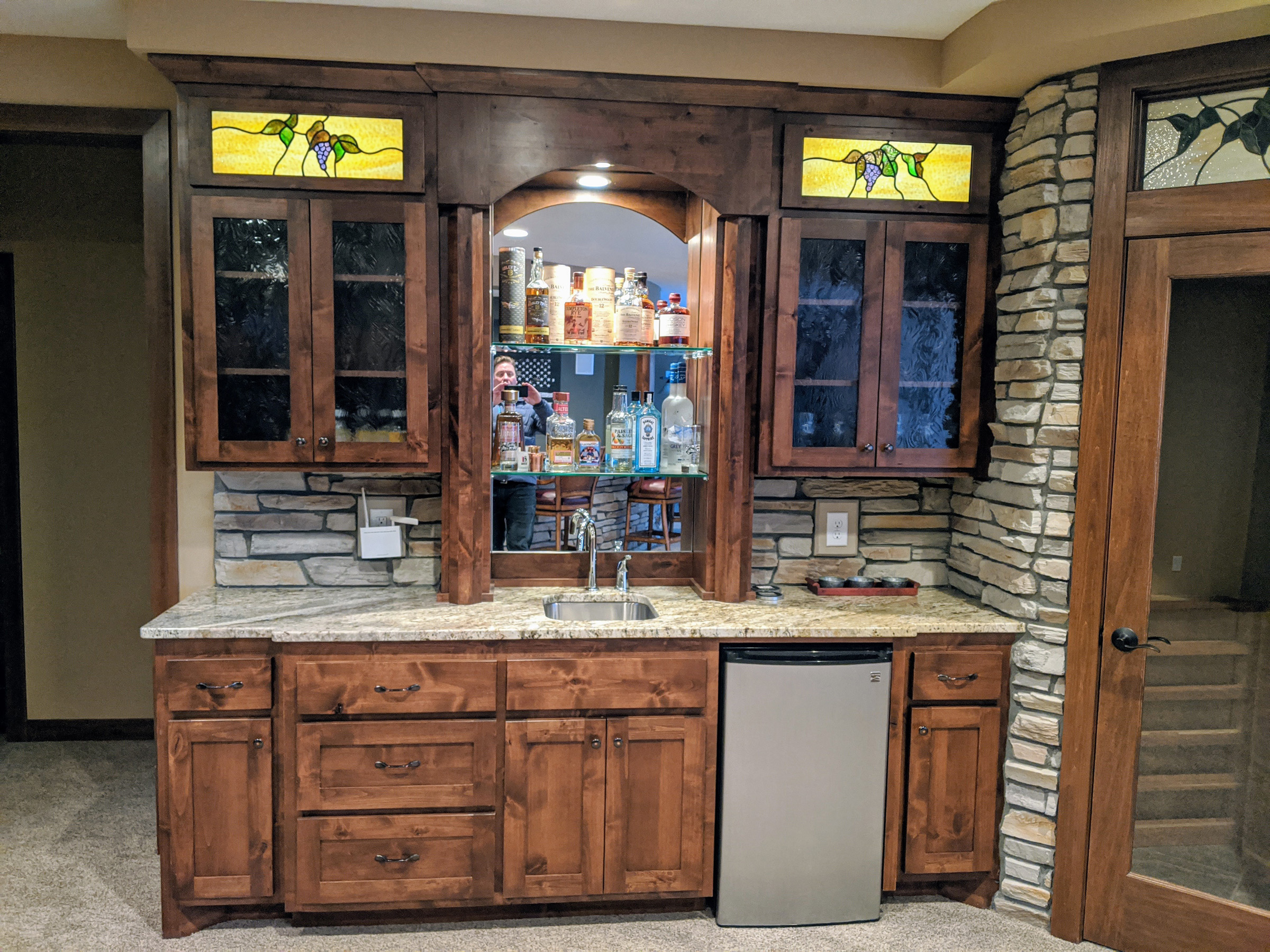 Lower Level Wet Bar with stained glass