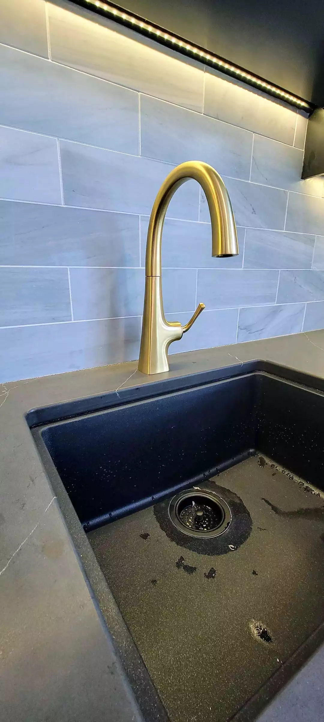 Stylish black undermount sink with gold tone faucet