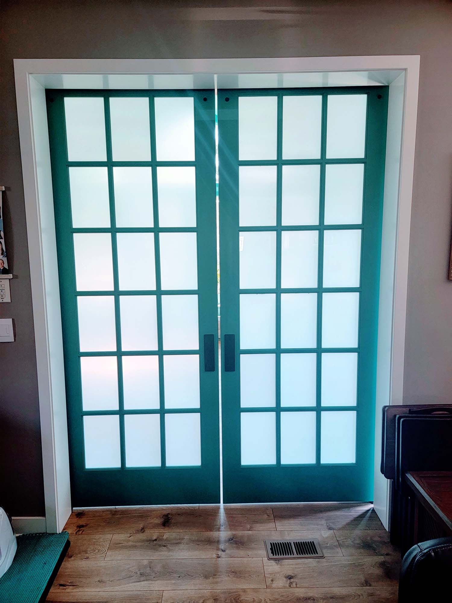 18 Lite frosted glass track doors for privacy to existing home