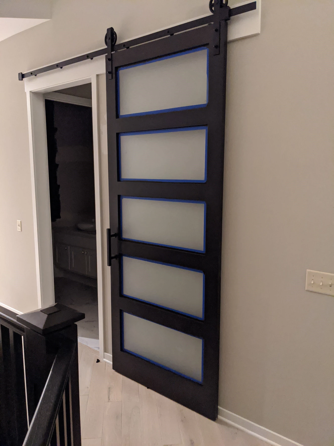 Custom 42″ x 96″ Track door w/ frosted glass panels