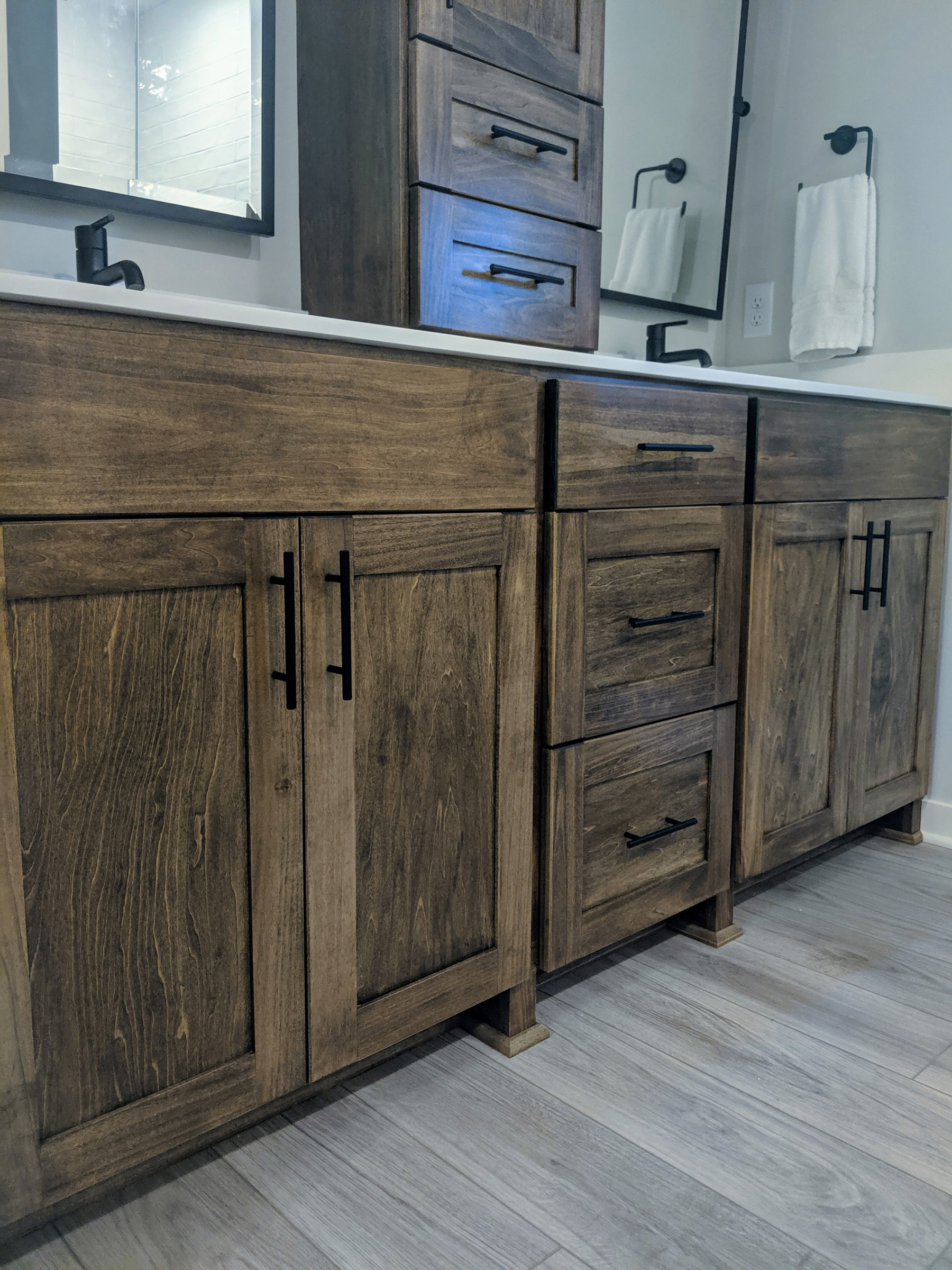 Master Bath custom wood stained finish cabinets